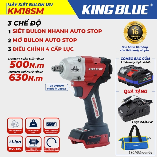 Máy Khoan Pin 18V KM18QB (Combo Bao Gồm 1 Thân Máy, 1 Pin 18V - 4.0Ah, Tặng 1 Sạc 2A & 1 Túi Đựng Máy)